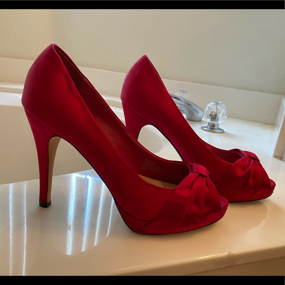 Red satin peep toe heels